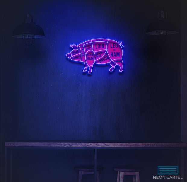 Pig Neon Sign, The Butcher Meat Cuts Neon LED Sign